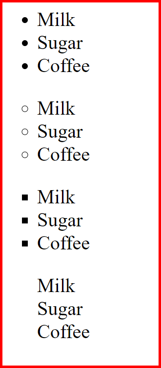 Picture showing the output of the unordered list with List-style-type attribute